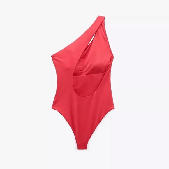 NWT Zara Coral Red Asymmetric One Piece Bathing Suit XL - Picture 4 of 5